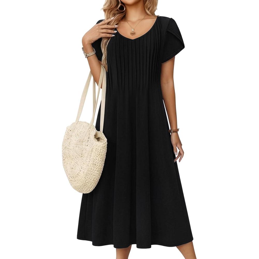 imageZeagoo Women Midi Dresses for Summer 2026 Short Sleeve Casual Flowy Dress A Line Pleated V Neck Beach Sundress with PocketsBlack