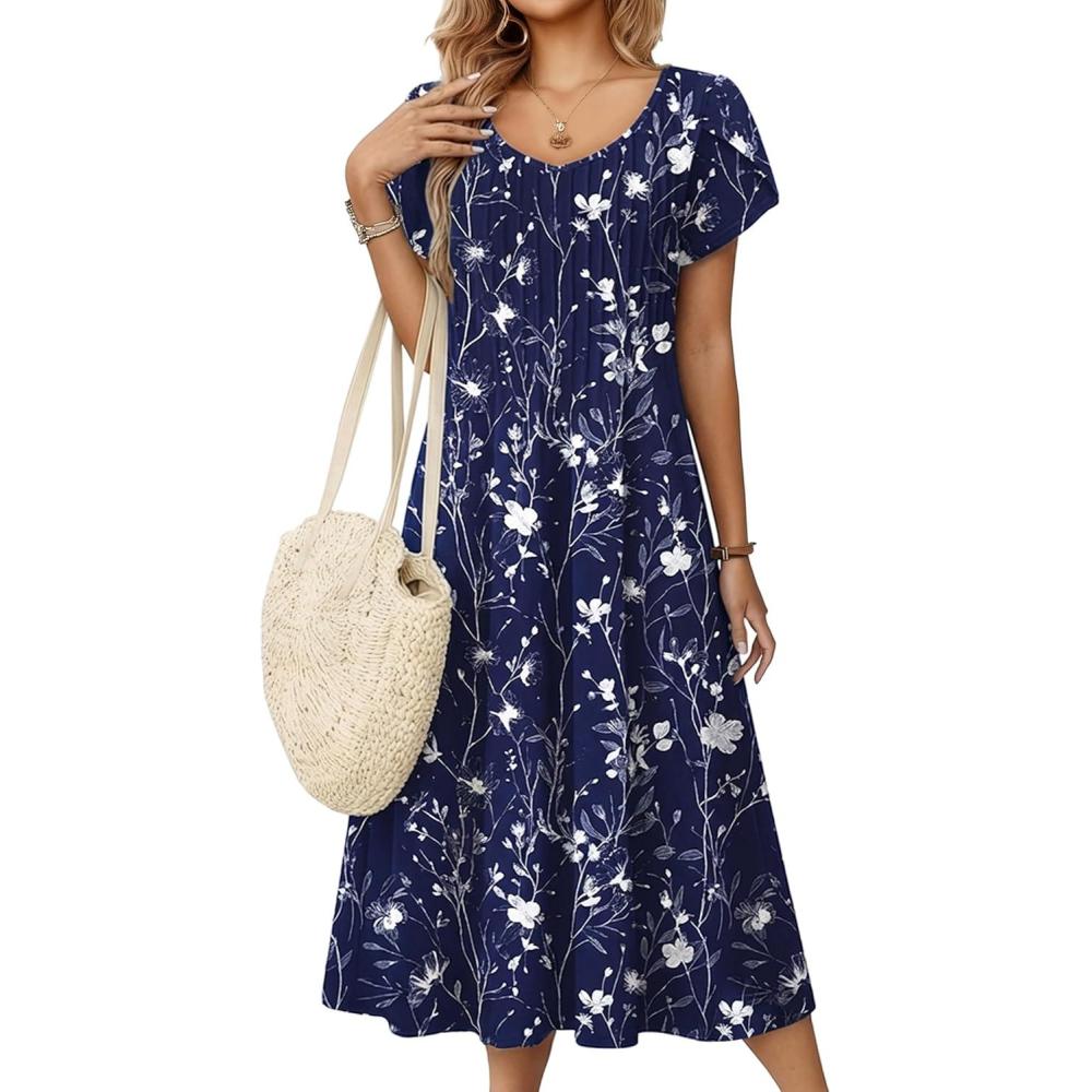 imageZeagoo Women Midi Dresses for Summer 2026 Short Sleeve Casual Flowy Dress A Line Pleated V Neck Beach Sundress with PocketsFloral Blue White