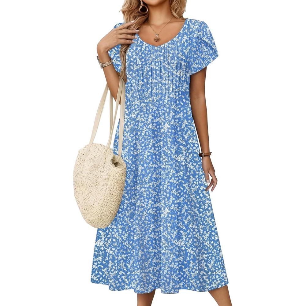 imageZeagoo Women Midi Dresses for Summer 2026 Short Sleeve Casual Flowy Dress A Line Pleated V Neck Beach Sundress with PocketsFlorallight Blue