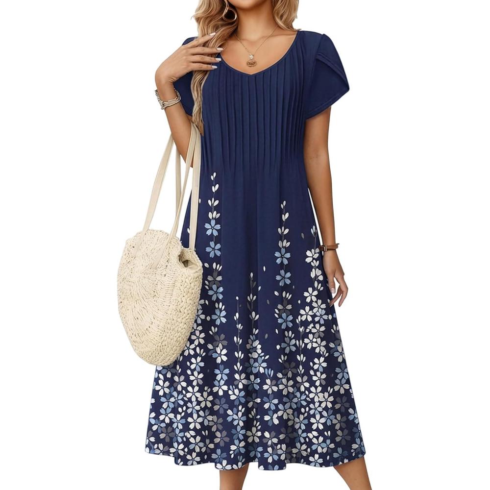imageZeagoo Women Midi Dresses for Summer 2026 Short Sleeve Casual Flowy Dress A Line Pleated V Neck Beach Sundress with PocketsFlower Blue