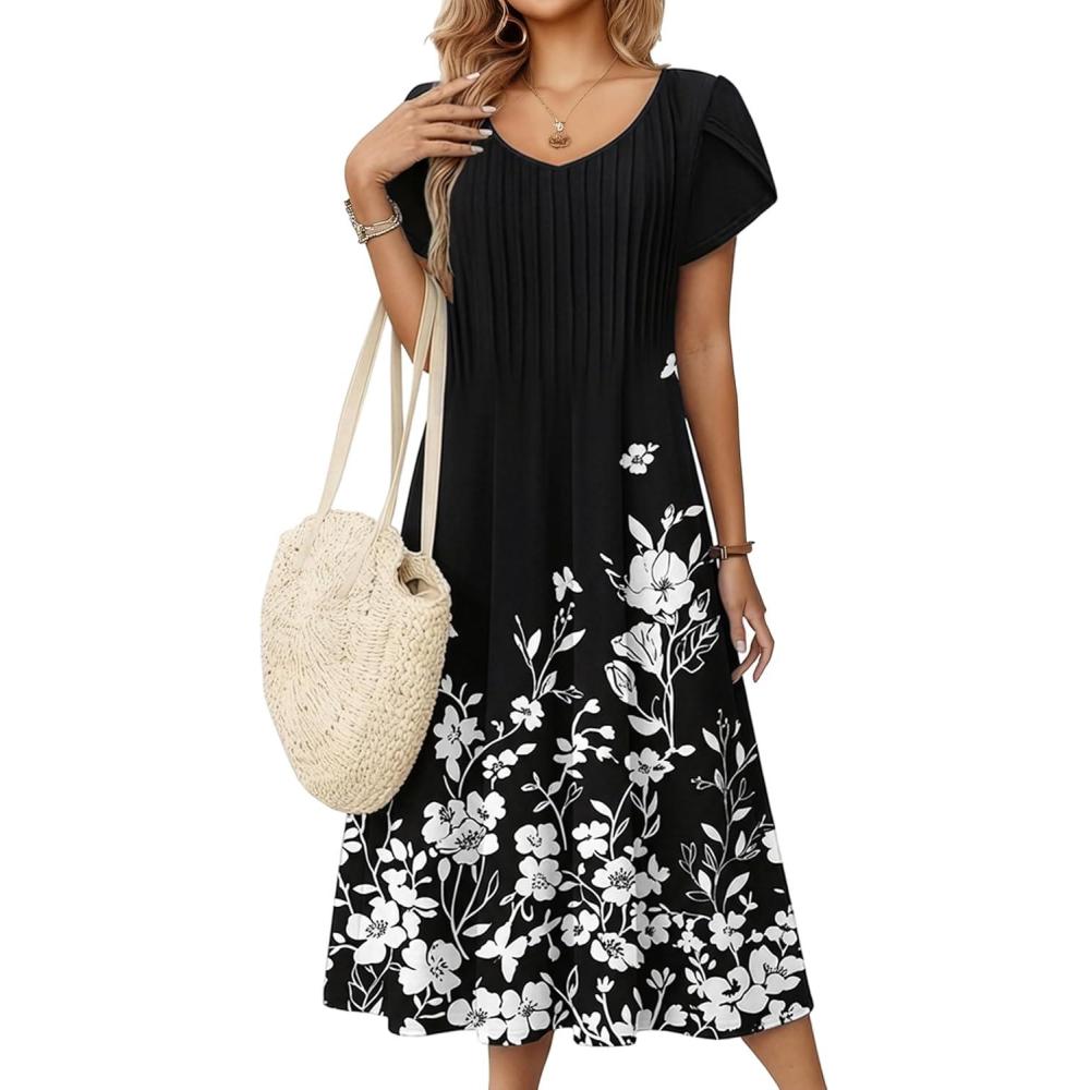 imageZeagoo Women Midi Dresses for Summer 2026 Short Sleeve Casual Flowy Dress A Line Pleated V Neck Beach Sundress with PocketsFlowers Black