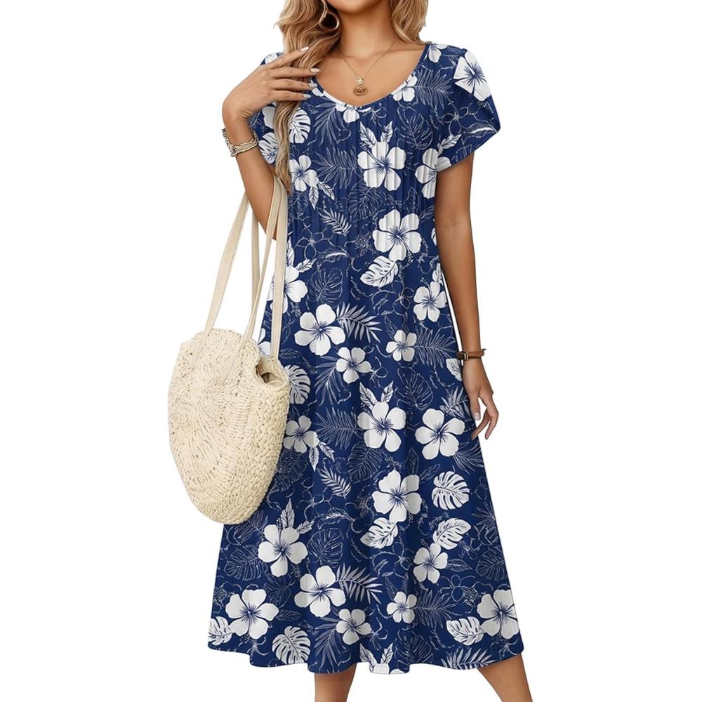 imageZeagoo Women Midi Dresses for Summer 2026 Short Sleeve Casual Flowy Dress A Line Pleated V Neck Beach Sundress with PocketsHawaii Floral