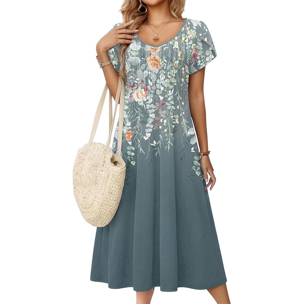 imageZeagoo Women Midi Dresses for Summer 2026 Short Sleeve Casual Flowy Dress A Line Pleated V Neck Beach Sundress with PocketsPlants Gray