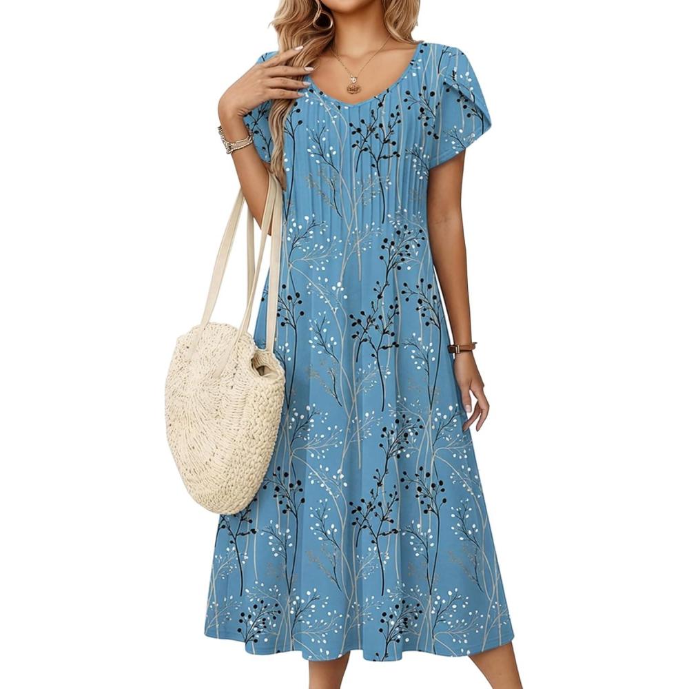 imageZeagoo Women Midi Dresses for Summer 2026 Short Sleeve Casual Flowy Dress A Line Pleated V Neck Beach Sundress with PocketsPlantsblue