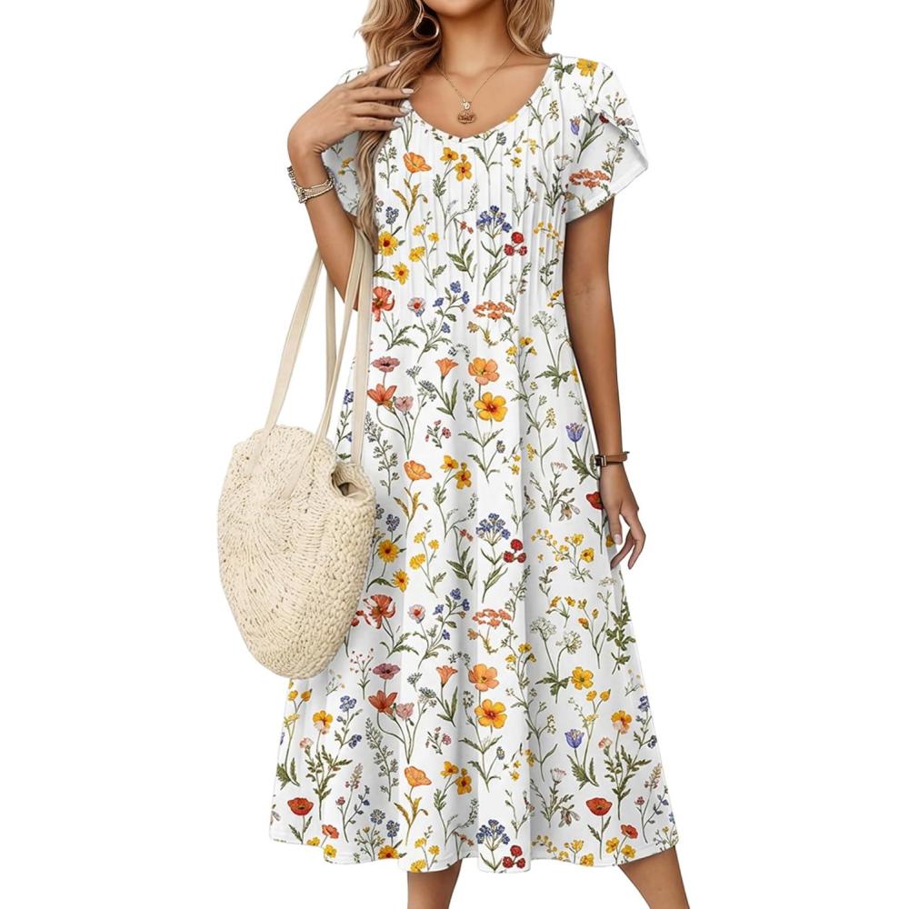 imageZeagoo Women Midi Dresses for Summer 2026 Short Sleeve Casual Flowy Dress A Line Pleated V Neck Beach Sundress with PocketsWhite Floral
