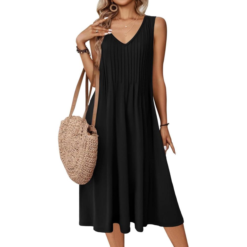 imageZeagoo Women Summer Casual Dresses 2026 Sleeveless Midi Pleated Tank Sundress with Pockets V Neck A Line Swing Tshirt DressBlack
