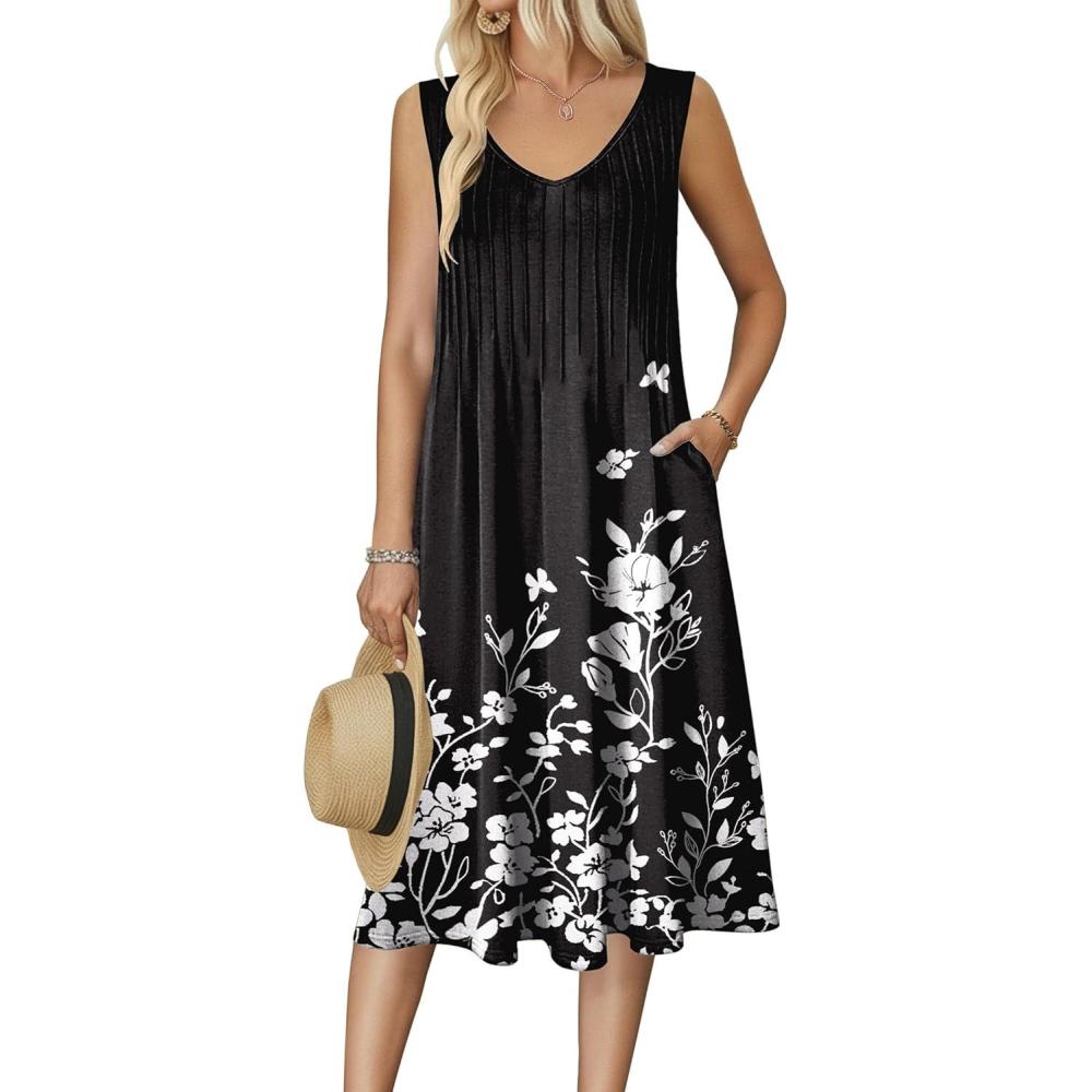 imageZeagoo Women Summer Casual Dresses 2026 Sleeveless Midi Pleated Tank Sundress with Pockets V Neck A Line Swing Tshirt DressFloral Black