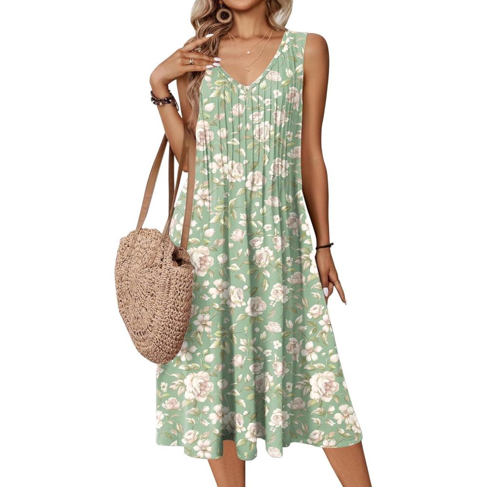 imageZeagoo Women Summer Casual Dresses 2026 Sleeveless Midi Pleated Tank Sundress with Pockets V Neck A Line Swing Tshirt DressGreen Floral