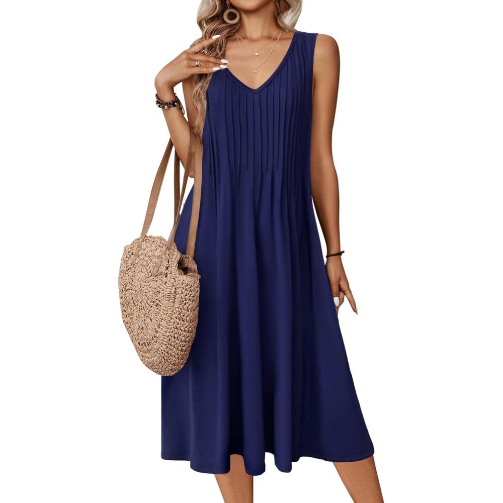imageZeagoo Women Summer Casual Dresses 2026 Sleeveless Midi Pleated Tank Sundress with Pockets V Neck A Line Swing Tshirt DressNavy Blue
