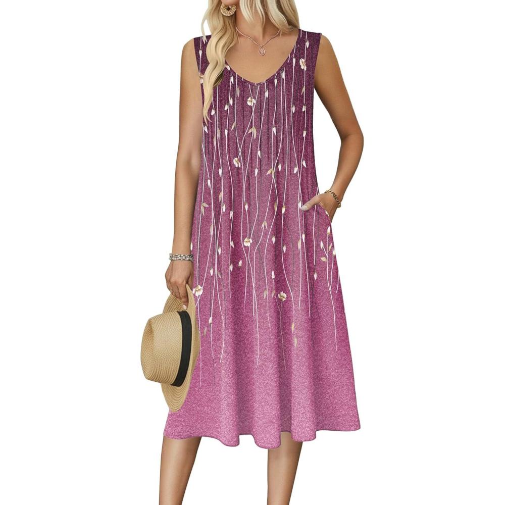 imageZeagoo Women Summer Casual Dresses 2026 Sleeveless Midi Pleated Tank Sundress with Pockets V Neck A Line Swing Tshirt DressPurple Flowers