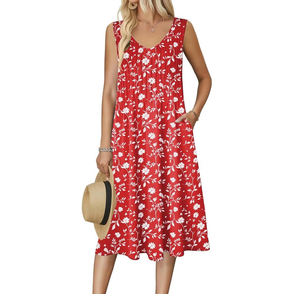 imageZeagoo Women Summer Casual Dresses 2026 Sleeveless Midi Pleated Tank Sundress with Pockets V Neck A Line Swing Tshirt DressRed White Floral