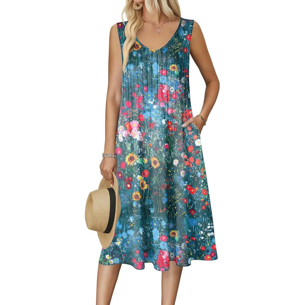 imageZeagoo Women Summer Casual Dresses 2026 Sleeveless Midi Pleated Tank Sundress with Pockets V Neck A Line Swing Tshirt DressWatercolor