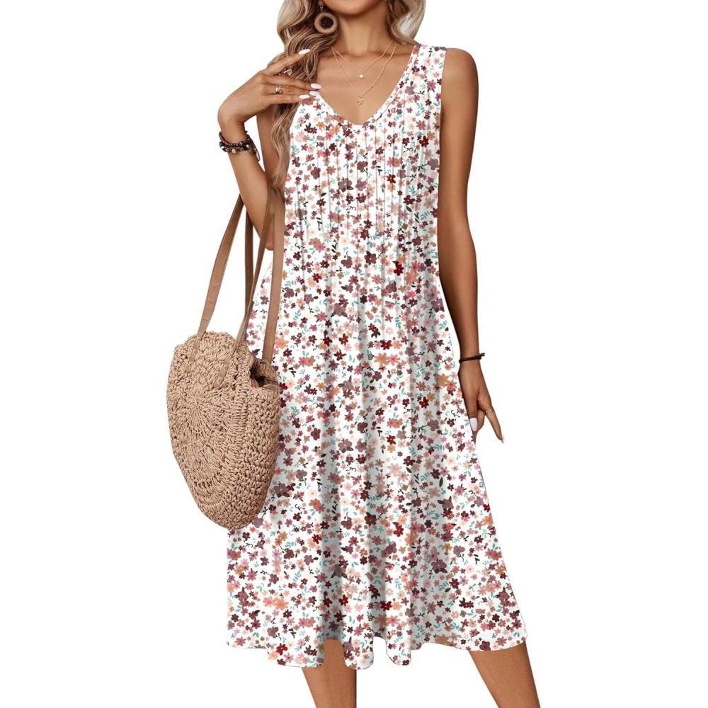 imageZeagoo Women Summer Casual Dresses 2026 Sleeveless Midi Pleated Tank Sundress with Pockets V Neck A Line Swing Tshirt DressWhite Print