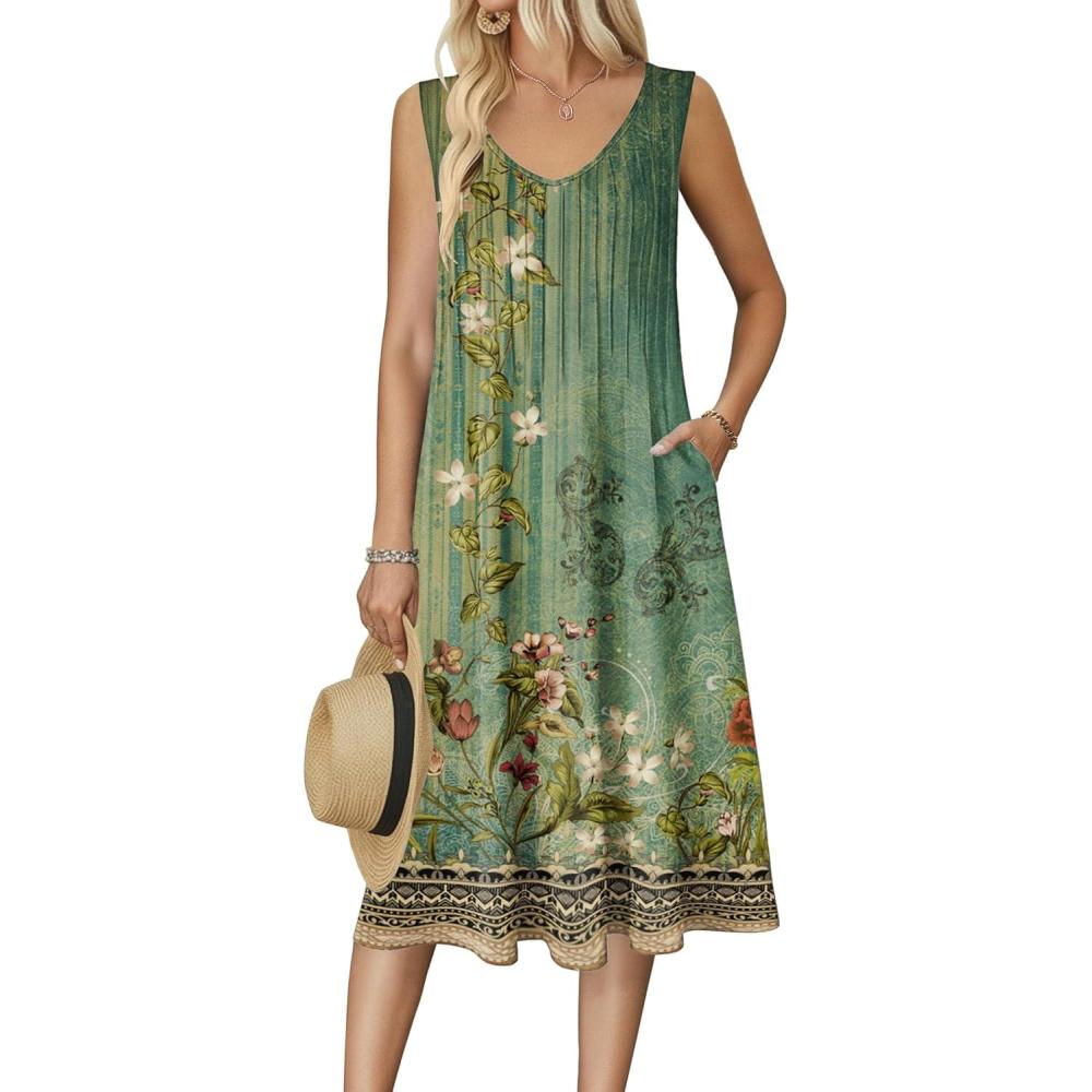 imageZeagoo Women Summer Casual Dresses 2026 Sleeveless Midi Pleated Tank Sundress with Pockets V Neck A Line Swing Tshirt DressYellowgreen