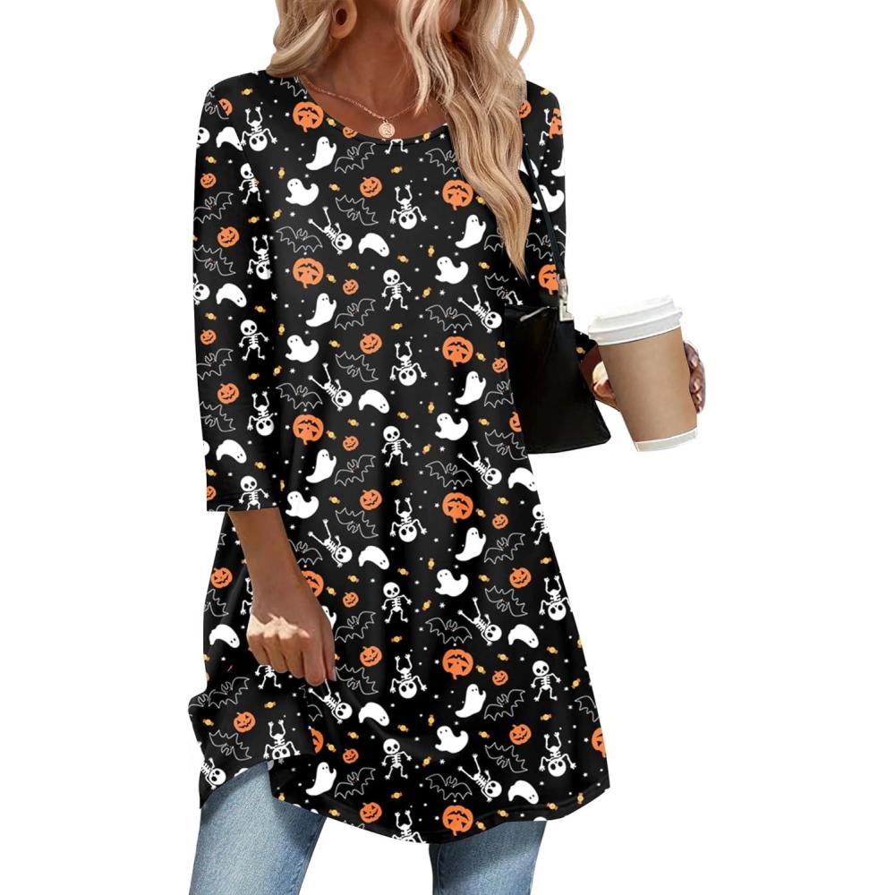 imageZeagoo Women Tops 34 Sleeve Dressy Casual Plus Size Tunics to Wear with Leggings Swing Flare TShirt Loose BlousesBlack Ghost