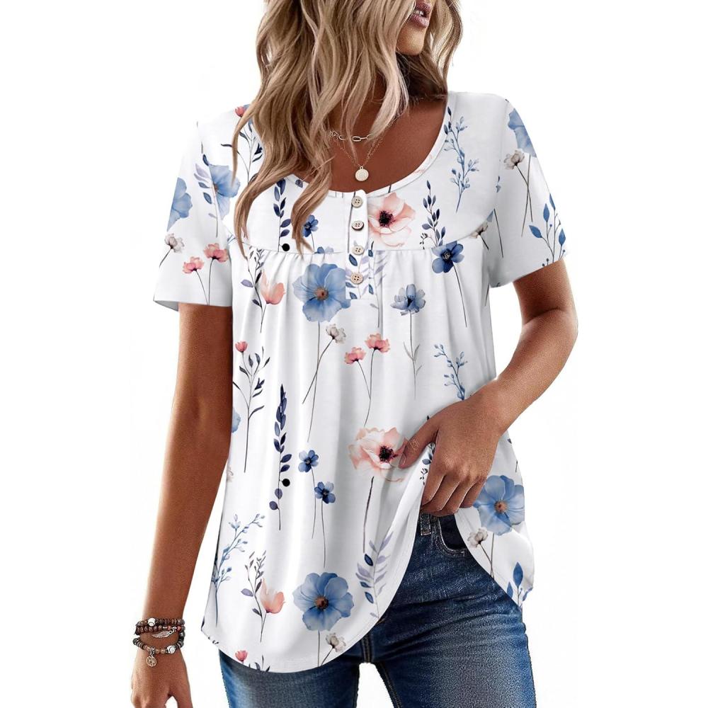 imageZeagoo Women Tunic Tops Dressy Casual Summer Short Sleeve Shirts Floral Loose Fit Pleated Boho Top SXXLBf112
