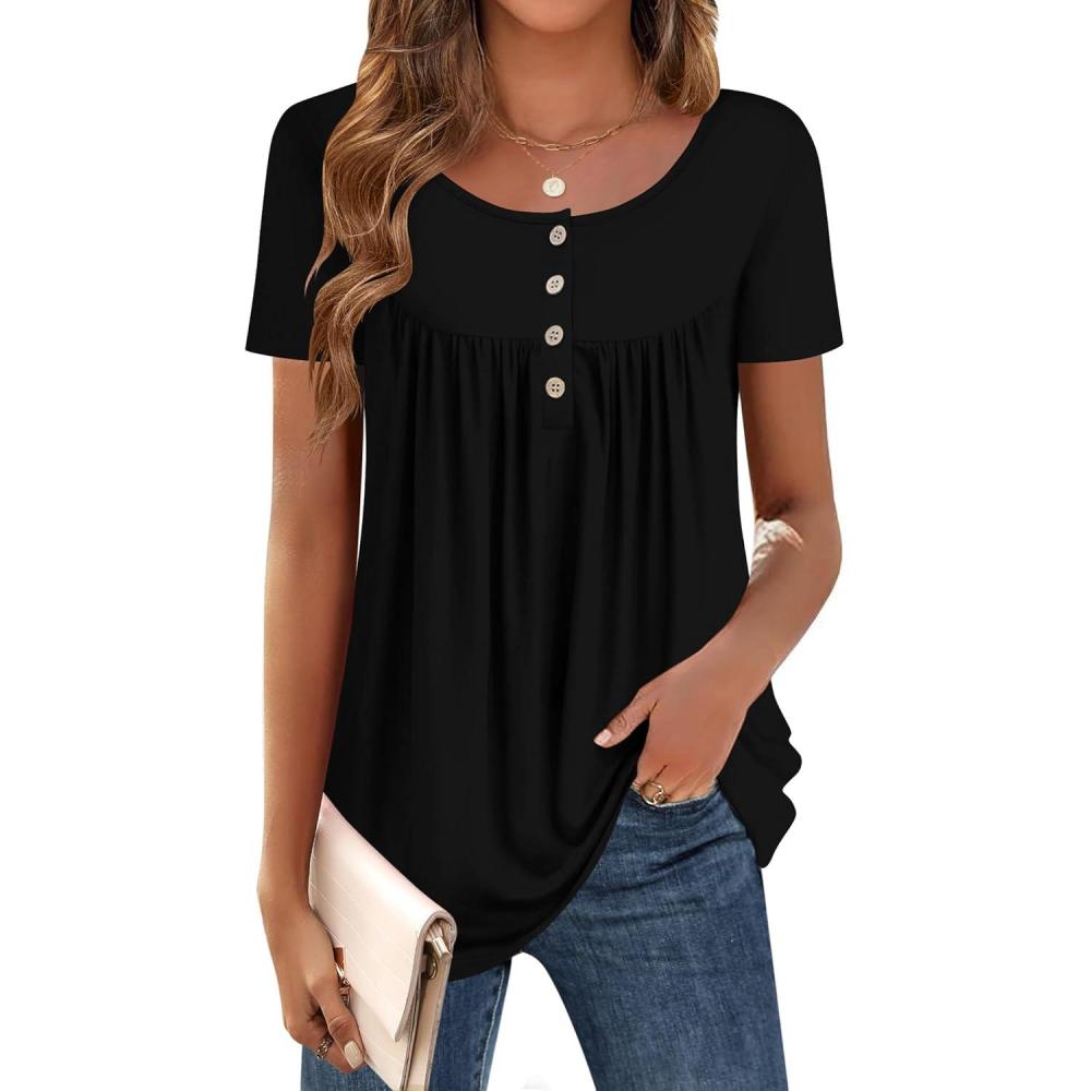 imageZeagoo Women Tunic Tops Dressy Casual Summer Short Sleeve Shirts Floral Loose Fit Pleated Boho Top SXXLBlack