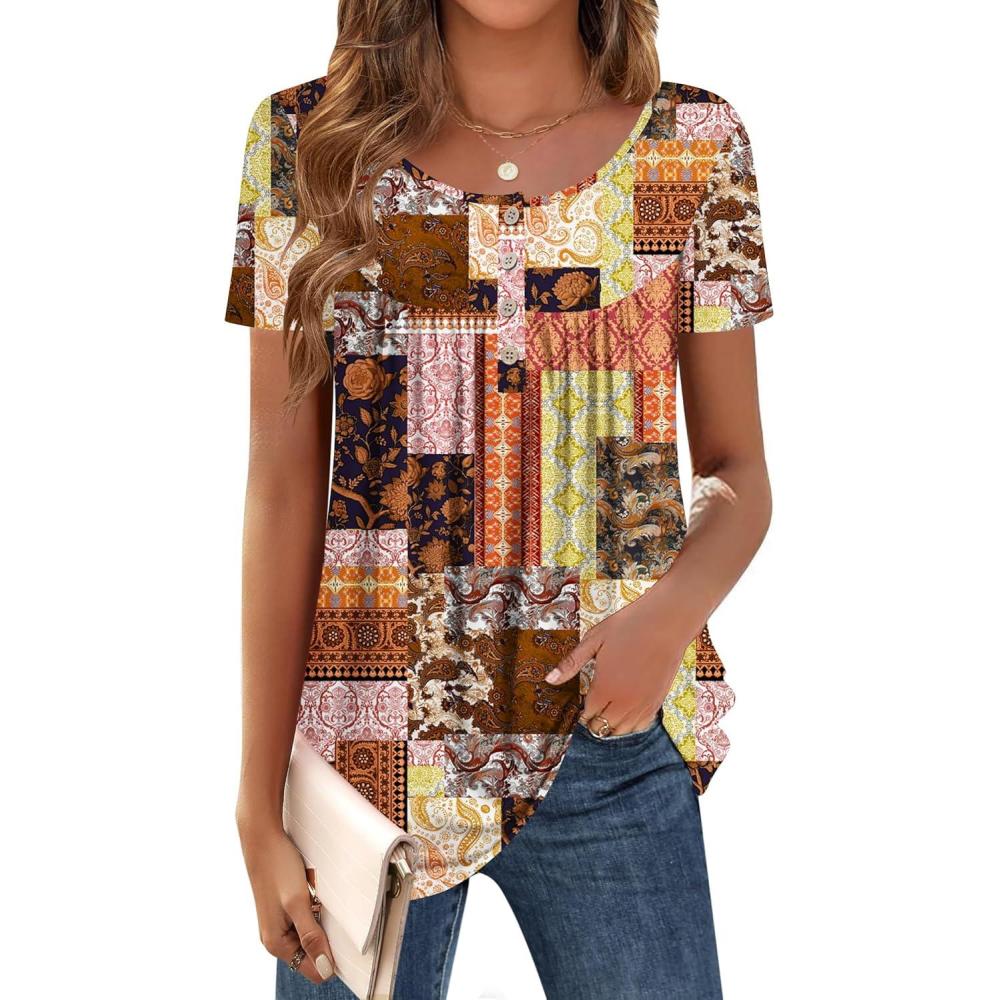 imageZeagoo Women Tunic Tops Dressy Casual Summer Short Sleeve Shirts Floral Loose Fit Pleated Boho Top SXXLMz810