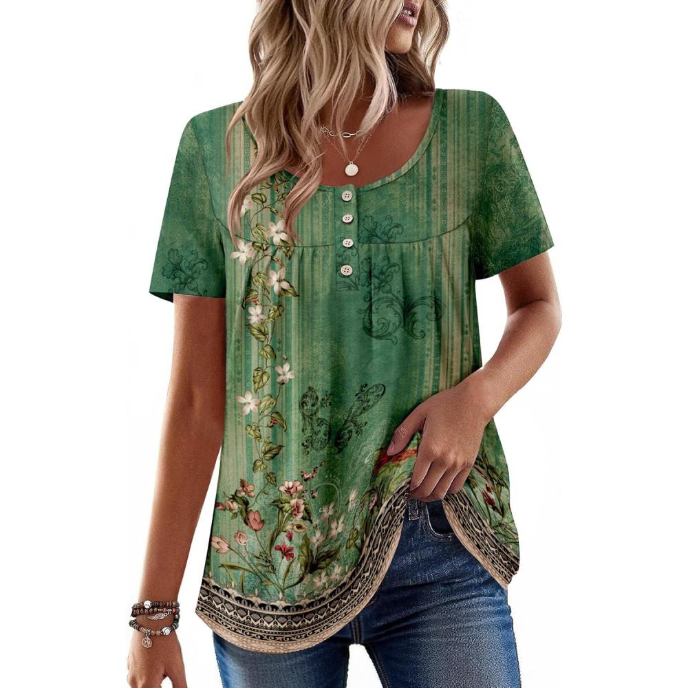 imageZeagoo Women Tunic Tops Dressy Casual Summer Short Sleeve Shirts Floral Loose Fit Pleated Boho Top SXXLPa171