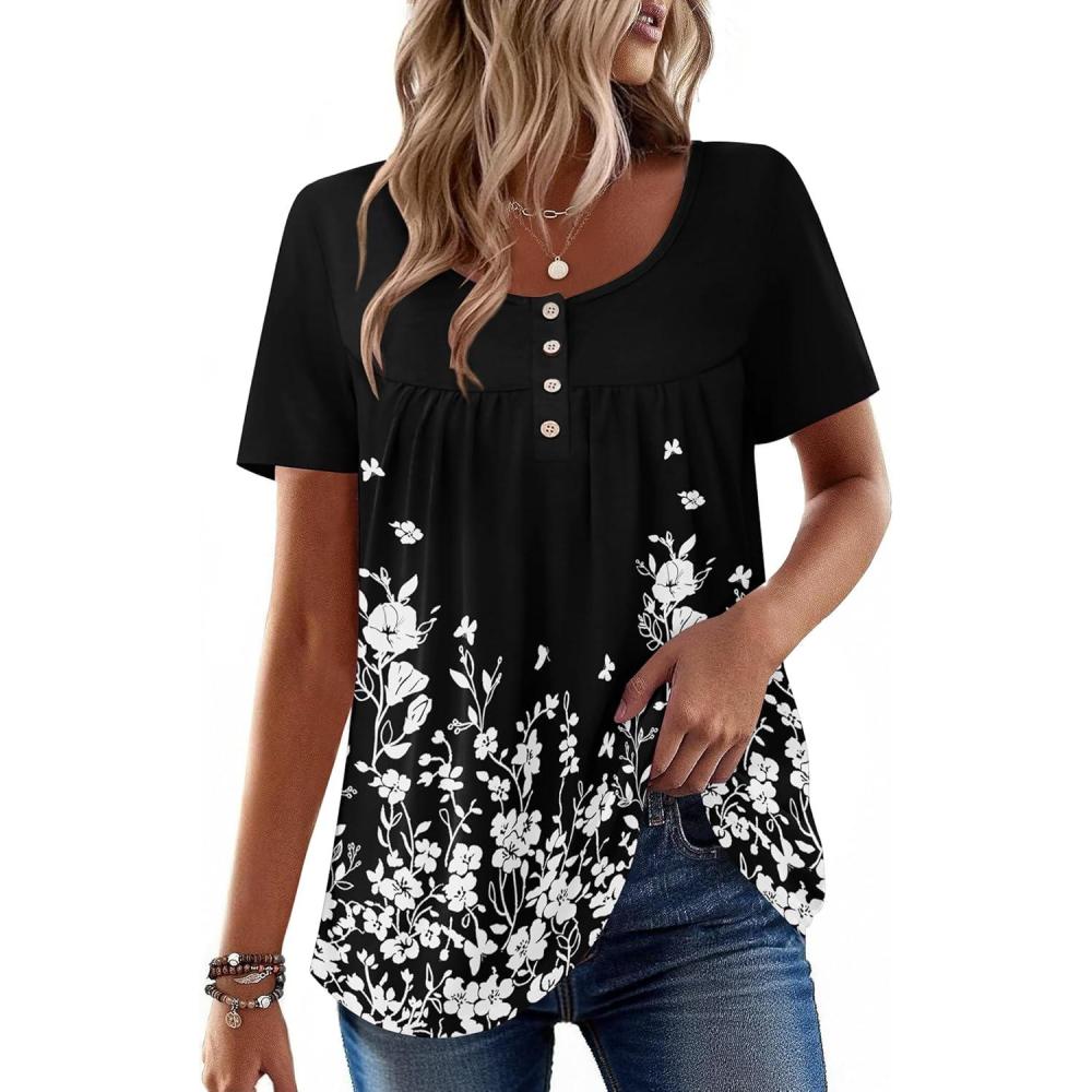 imageZeagoo Women Tunic Tops Dressy Casual Summer Short Sleeve Shirts Floral Loose Fit Pleated Boho Top SXXLSf100