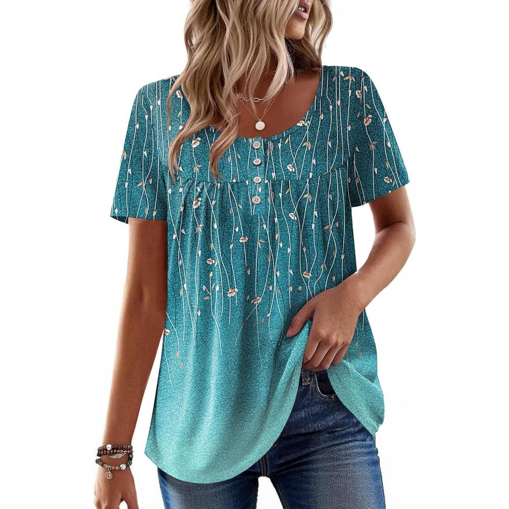 imageZeagoo Women Tunic Tops Dressy Casual Summer Short Sleeve Shirts Floral Loose Fit Pleated Boho Top SXXLXh363