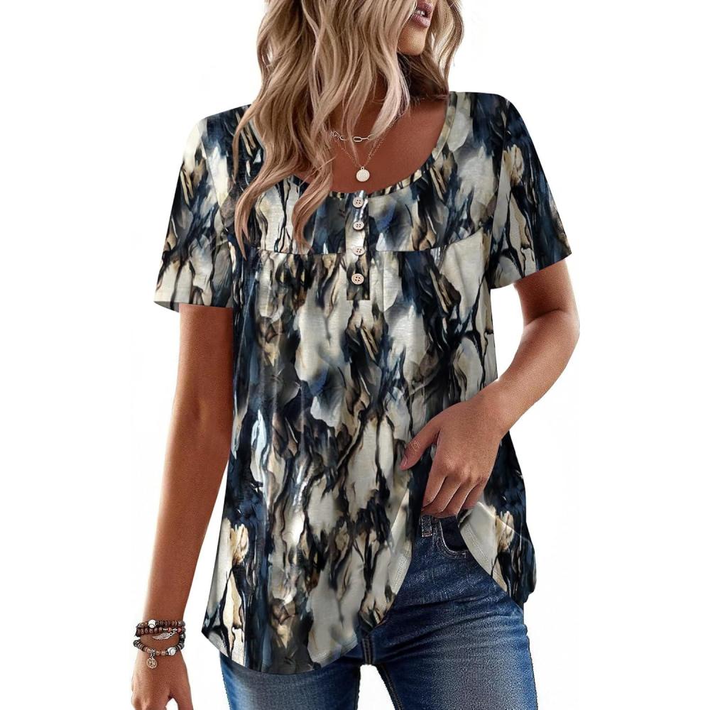 imageZeagoo Women Tunic Tops Dressy Casual Summer Short Sleeve Shirts Floral Loose Fit Pleated Boho Top SXXLZr220
