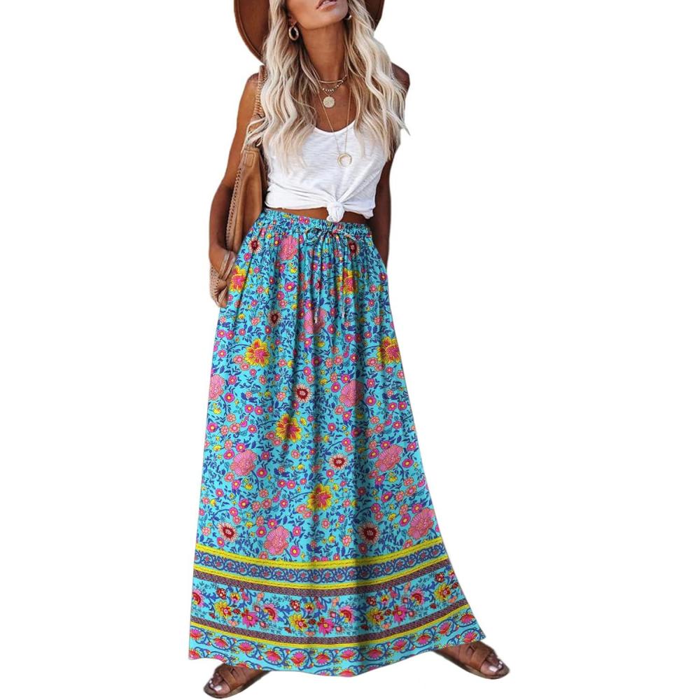 imageZeagoo Womens 2026 Boho Floral Skirt Casual Elastic High Waist Maxi Skirts Flowy A Line Beach Long Skirt with Side PocketsBlue Pa29