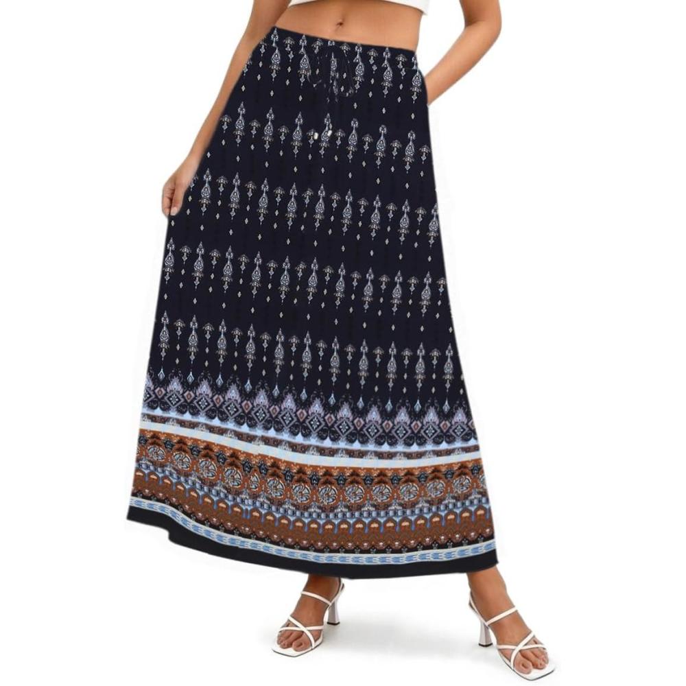 imageZeagoo Womens 2026 Boho Floral Skirt Casual Elastic High Waist Maxi Skirts Flowy A Line Beach Long Skirt with Side PocketsDark Blue