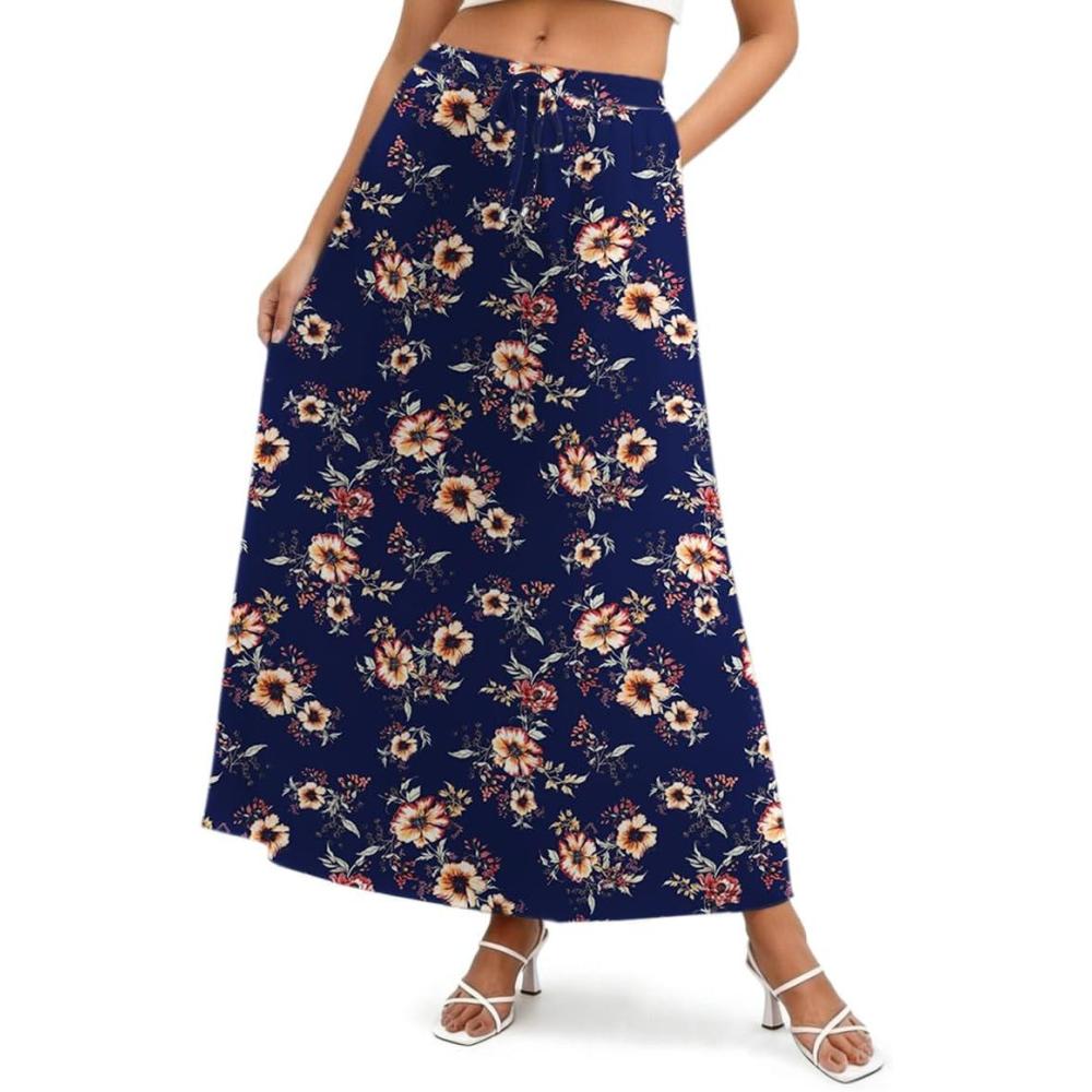 imageZeagoo Womens 2026 Boho Floral Skirt Casual Elastic High Waist Maxi Skirts Flowy A Line Beach Long Skirt with Side PocketsDark Bluebrown