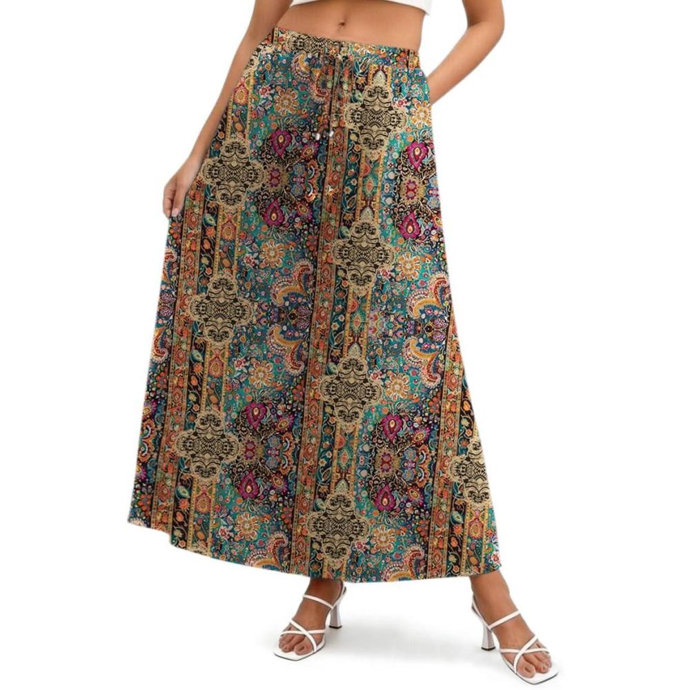 imageZeagoo Womens 2026 Boho Floral Skirt Casual Elastic High Waist Maxi Skirts Flowy A Line Beach Long Skirt with Side PocketsEthnic