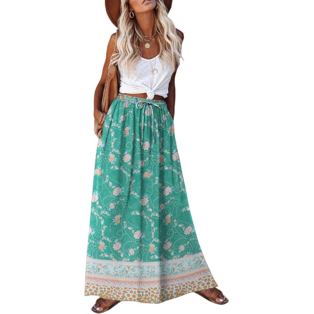 imageZeagoo Womens 2026 Boho Floral Skirt Casual Elastic High Waist Maxi Skirts Flowy A Line Beach Long Skirt with Side PocketsGreen