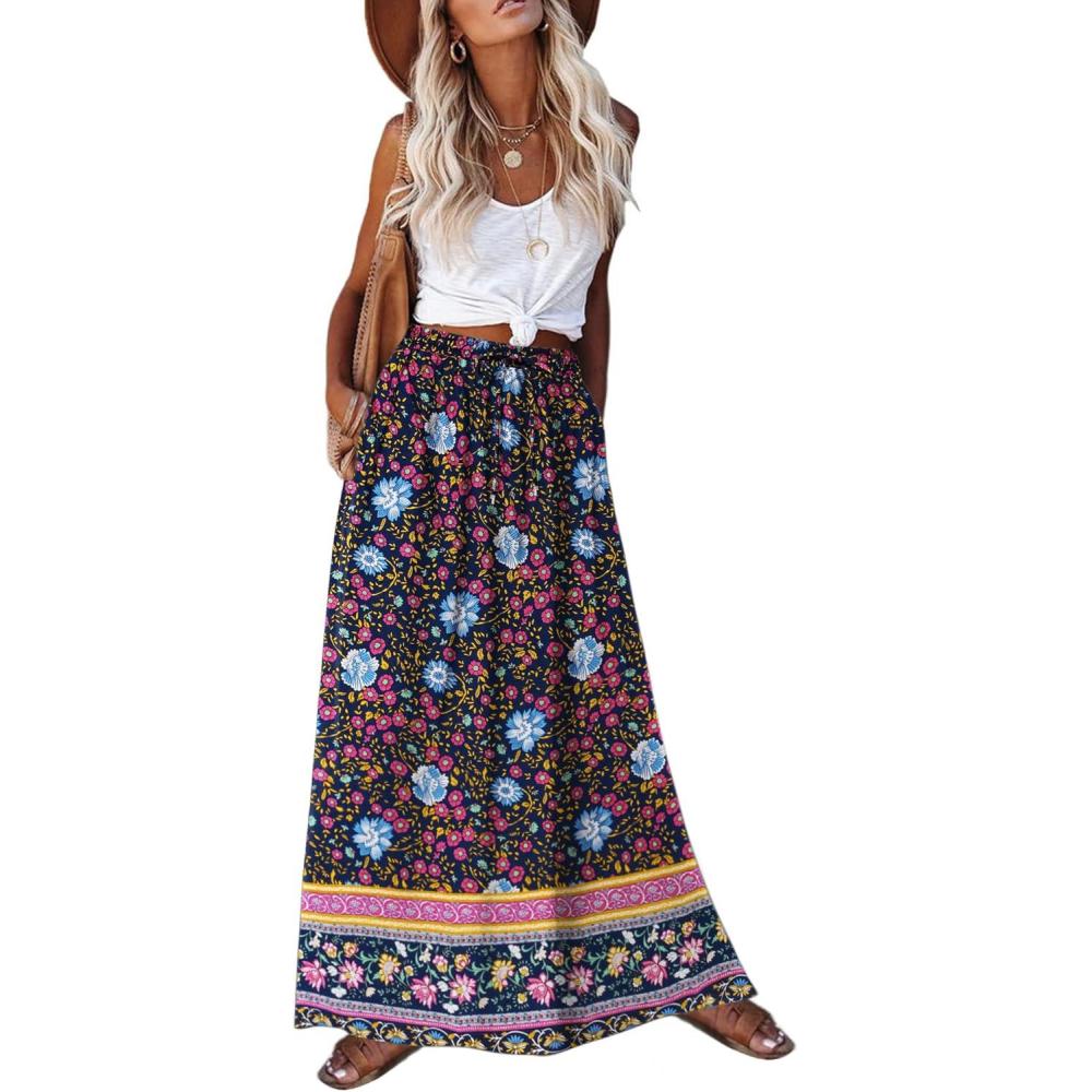 imageZeagoo Womens 2026 Boho Floral Skirt Casual Elastic High Waist Maxi Skirts Flowy A Line Beach Long Skirt with Side PocketsMulticolor