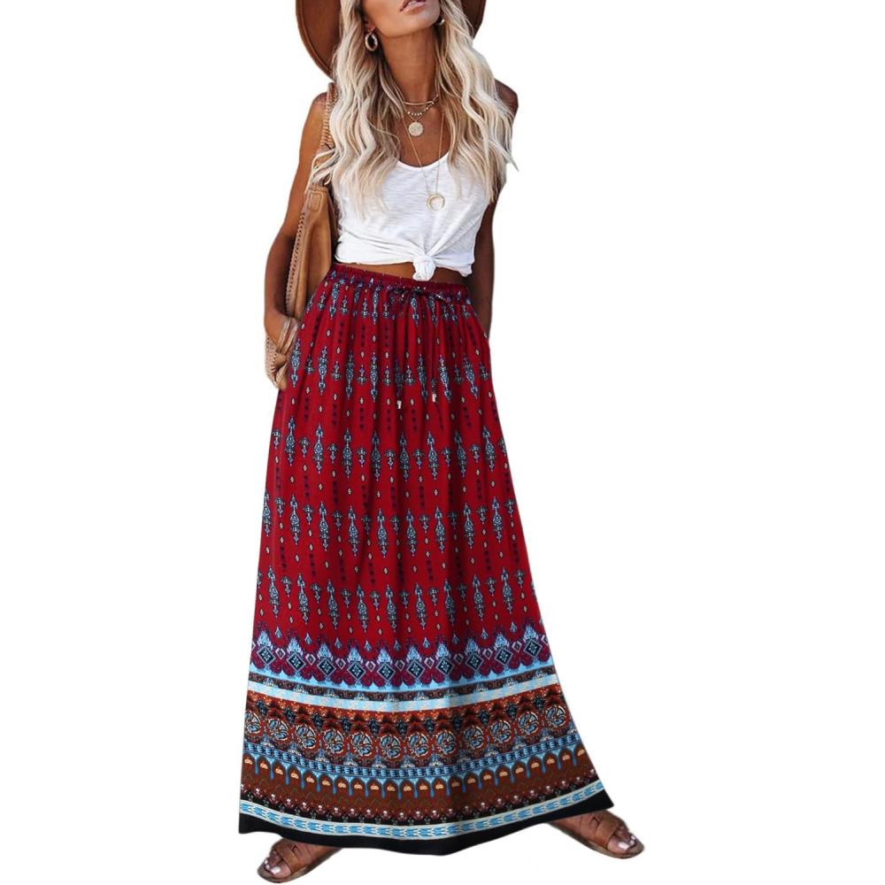 imageZeagoo Womens 2026 Boho Floral Skirt Casual Elastic High Waist Maxi Skirts Flowy A Line Beach Long Skirt with Side PocketsRed