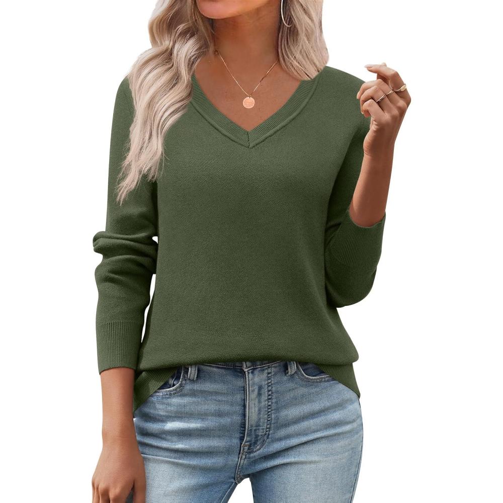 imageZeagoo Womens 2026 Fall V Neck Sweater Trendy Long Sleeve Casual Lightweight Ribbed Knit Pullover TopsArmy Green