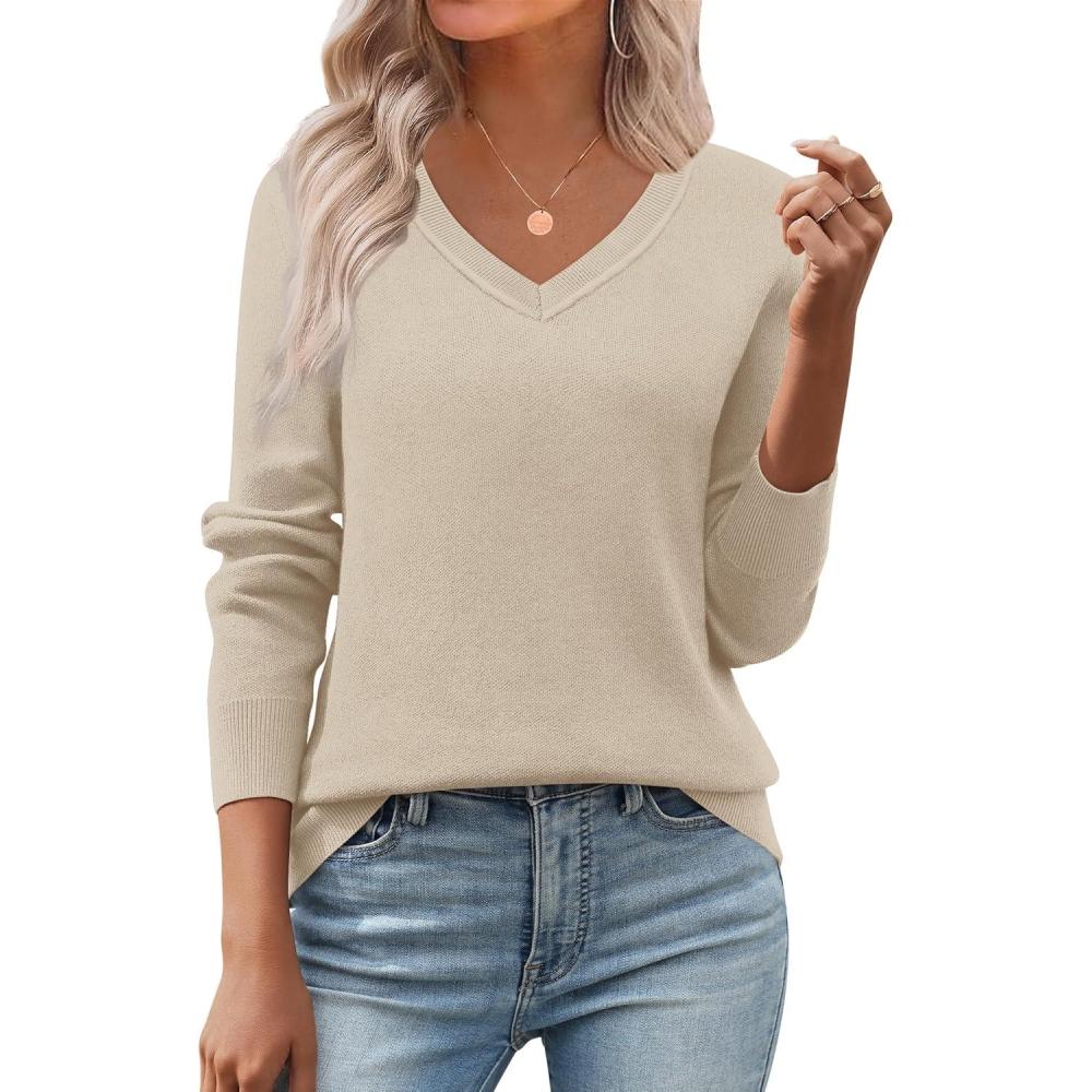 imageZeagoo Womens 2026 Fall V Neck Sweater Trendy Long Sleeve Casual Lightweight Ribbed Knit Pullover TopsBeige