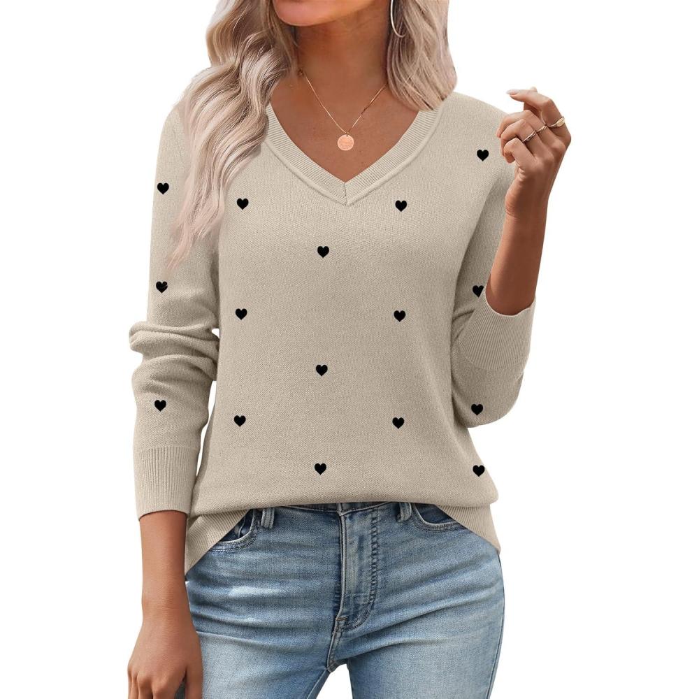 imageZeagoo Womens 2026 Fall V Neck Sweater Trendy Long Sleeve Casual Lightweight Ribbed Knit Pullover TopsBeige Black Heart