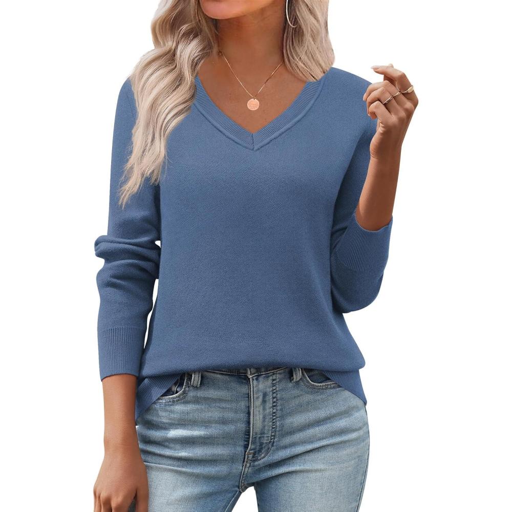 imageZeagoo Womens 2026 Fall V Neck Sweater Trendy Long Sleeve Casual Lightweight Ribbed Knit Pullover TopsBlue