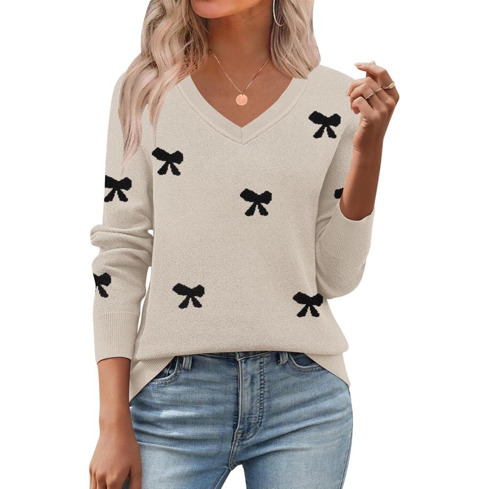 imageZeagoo Womens 2026 Fall V Neck Sweater Trendy Long Sleeve Casual Lightweight Ribbed Knit Pullover TopsBowknot Apricot