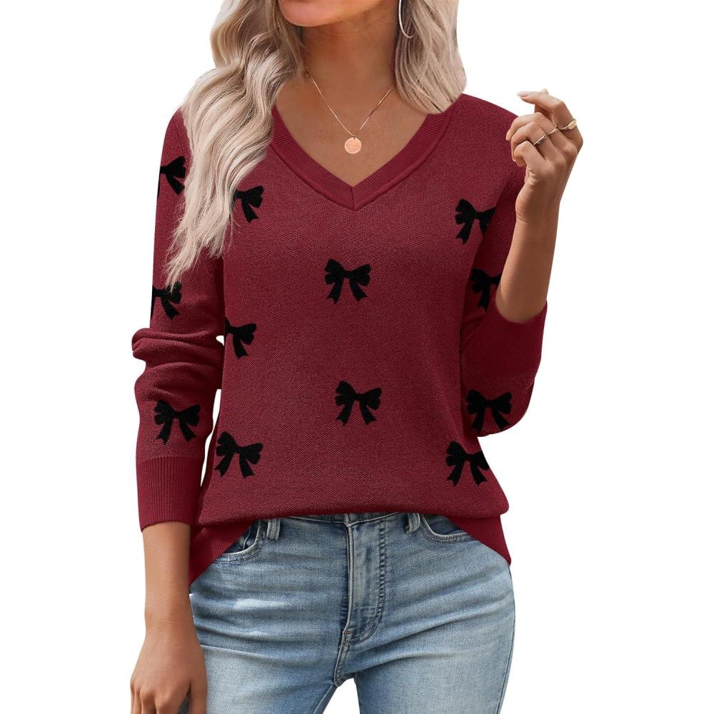 imageZeagoo Womens 2026 Fall V Neck Sweater Trendy Long Sleeve Casual Lightweight Ribbed Knit Pullover TopsBowknot Red