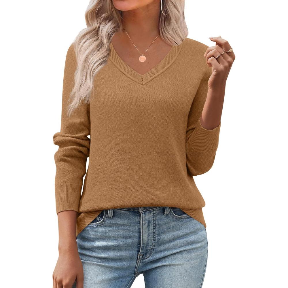 imageZeagoo Womens 2026 Fall V Neck Sweater Trendy Long Sleeve Casual Lightweight Ribbed Knit Pullover TopsBrown
