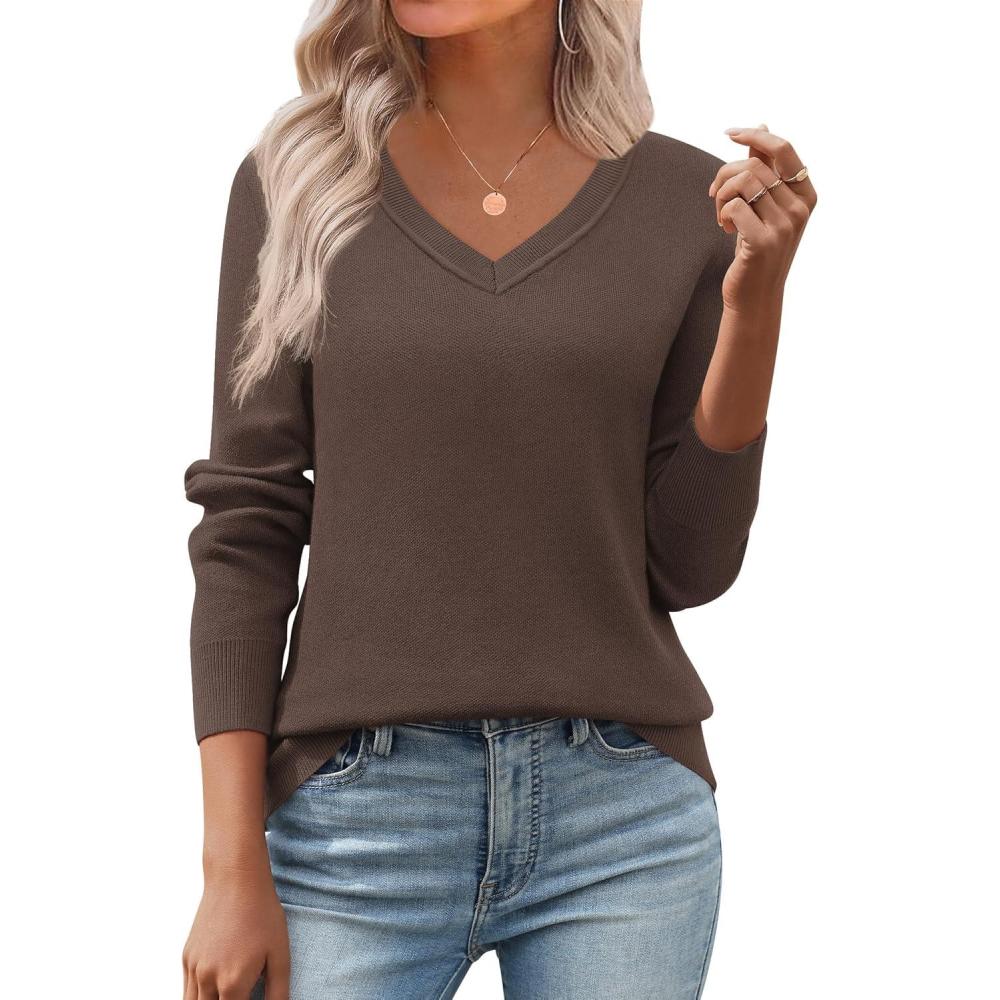 imageZeagoo Womens 2026 Fall V Neck Sweater Trendy Long Sleeve Casual Lightweight Ribbed Knit Pullover TopsDark Brown