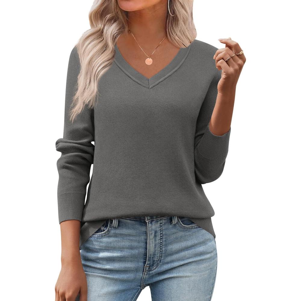 imageZeagoo Womens 2026 Fall V Neck Sweater Trendy Long Sleeve Casual Lightweight Ribbed Knit Pullover TopsDark Gray