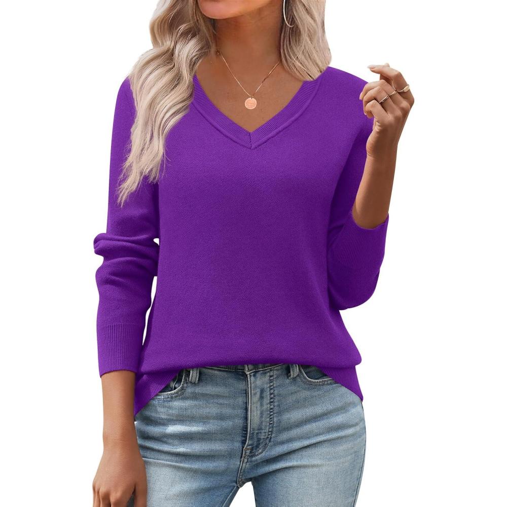 imageZeagoo Womens 2026 Fall V Neck Sweater Trendy Long Sleeve Casual Lightweight Ribbed Knit Pullover TopsDark Purple