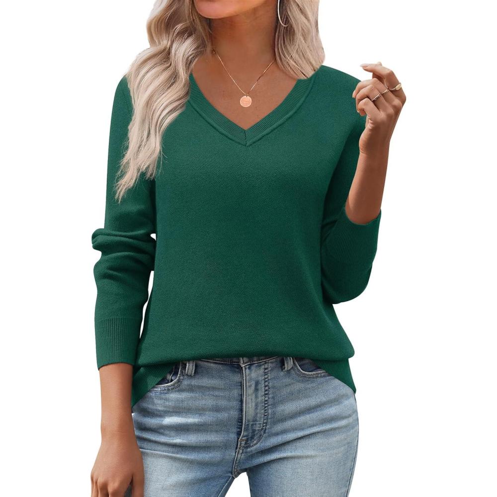 imageZeagoo Womens 2026 Fall V Neck Sweater Trendy Long Sleeve Casual Lightweight Ribbed Knit Pullover TopsGreen