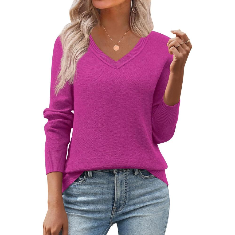 imageZeagoo Womens 2026 Fall V Neck Sweater Trendy Long Sleeve Casual Lightweight Ribbed Knit Pullover TopsHot Pink