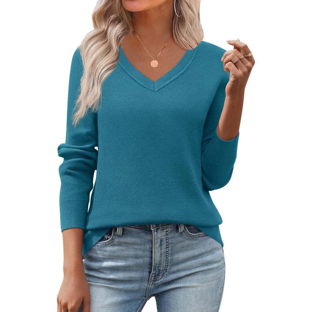 imageZeagoo Womens 2026 Fall V Neck Sweater Trendy Long Sleeve Casual Lightweight Ribbed Knit Pullover TopsLake Blue