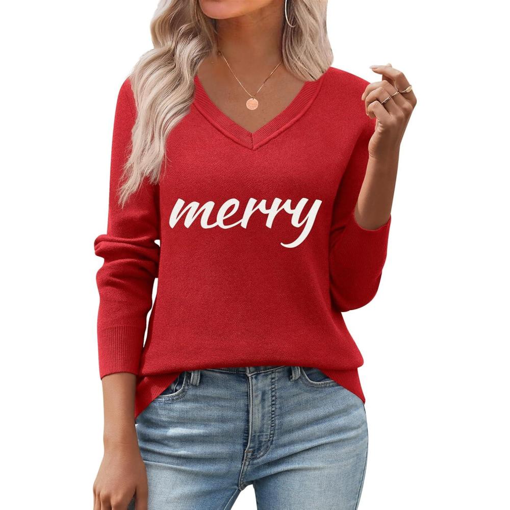imageZeagoo Womens 2026 Fall V Neck Sweater Trendy Long Sleeve Casual Lightweight Ribbed Knit Pullover TopsMerry Chrismas