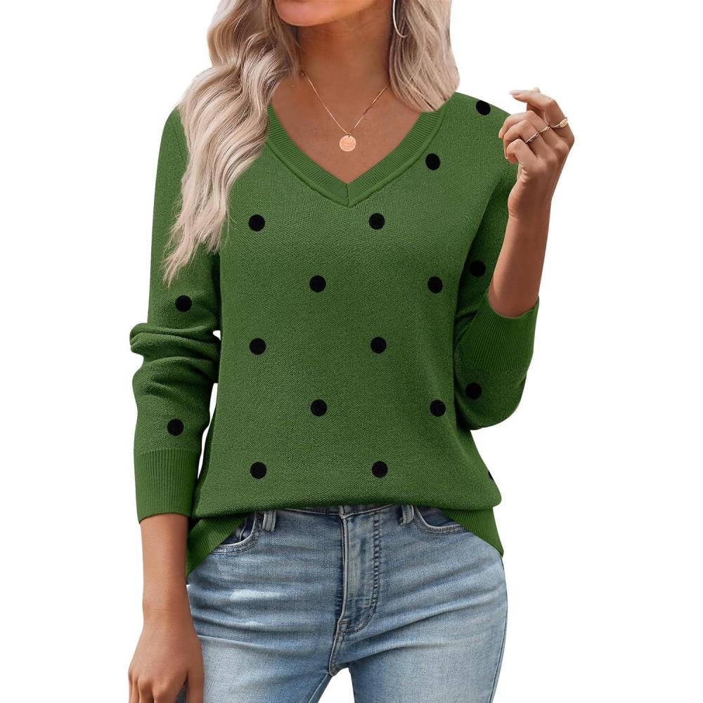 imageZeagoo Womens 2026 Fall V Neck Sweater Trendy Long Sleeve Casual Lightweight Ribbed Knit Pullover TopsPolka Dotgreen