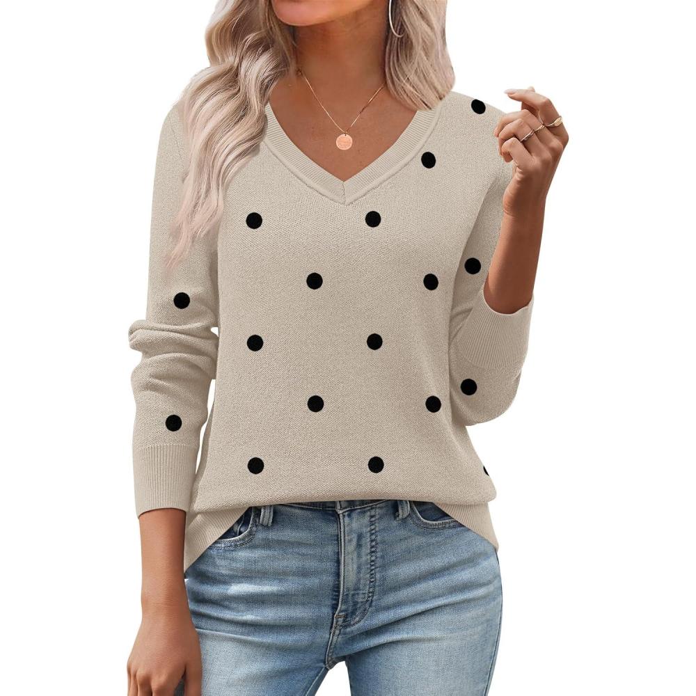 imageZeagoo Womens 2026 Fall V Neck Sweater Trendy Long Sleeve Casual Lightweight Ribbed Knit Pullover TopsPolka Dotkhaki