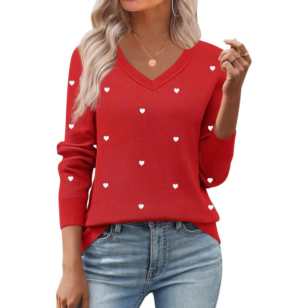 imageZeagoo Womens 2026 Fall V Neck Sweater Trendy Long Sleeve Casual Lightweight Ribbed Knit Pullover TopsRed White Heart